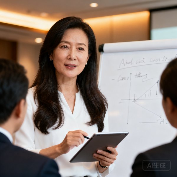 OG视讯首席市场官陈雅婷，三十五岁女性，长发披肩，手持平板电脑讲解方案，背景为客户会议室的白色书写板，气质优雅而专业。